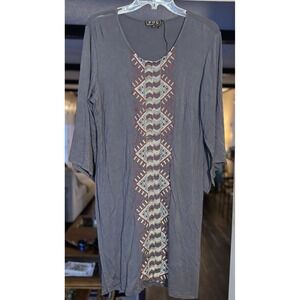 POL Boho Tunic Top Womens Small Gray Embroidered Tribal Pattern Flowy Boutique